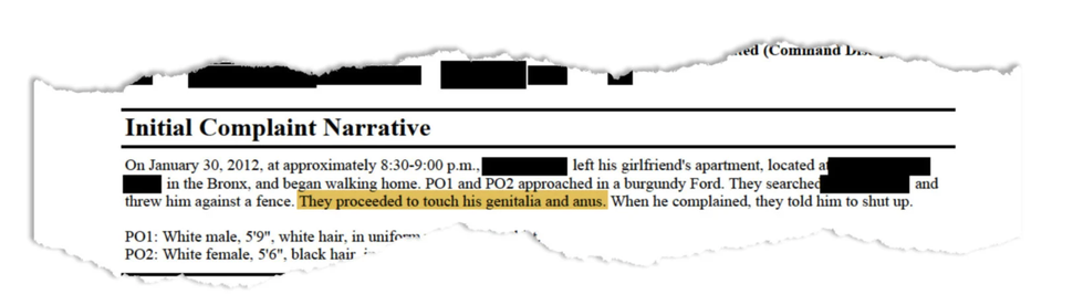 A summary of Devon Johnson’s CCRB complaint. (Highlight added by ProPublica.)