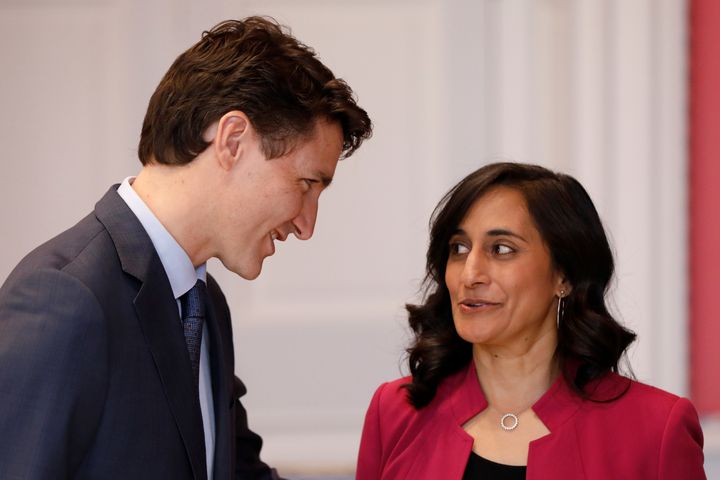 Anita Anand is embraced by Prime Minister Justin Trudeau after being sworn-in as minister of public services and procurement during the presentation of Trudeau's new cabinet at Rideau Hall in Ottawa on Nov. 20, 2019.