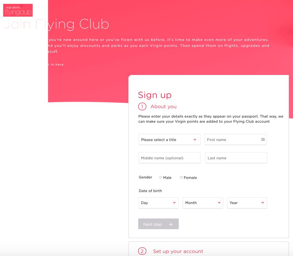 Virgin Atlantic's Flying Club sign up page displaying the 'male' and 'female' sign up options