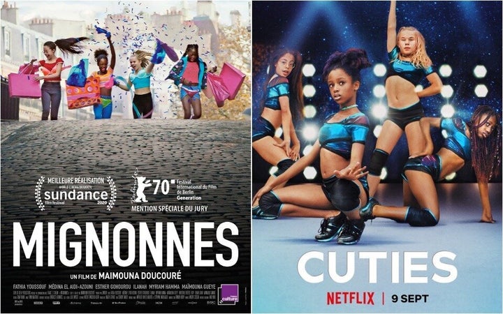 The original French poster of "Cuties" (left) versus the poster first used for the film's Netflix release.