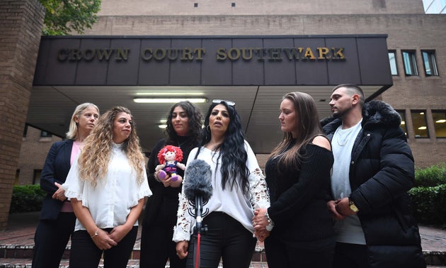 Relatives of Jan outside court after Younis was jailed, including her cousin Ayse Hussein and sister Mel Mustafa in the foreground 