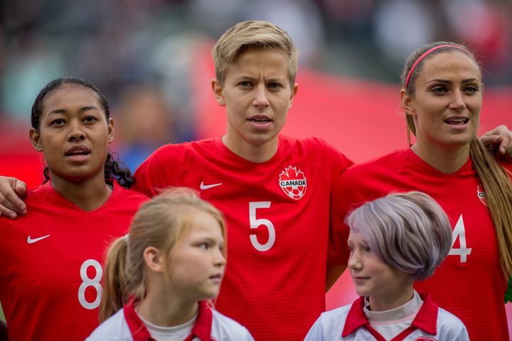 Canadian national team soccer players Jayde Riviere, Quinn and Shelina Zadorsky look on prior to a game between Canada and United States on Feb. 9, 2020 in Carson, California. 