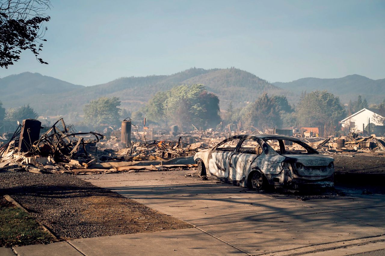 This photo taken by Talent, Oregon, resident Kevin Jantzer shows the destruction of his hometown Wednesday after wildfires ravaged the central Oregon area.