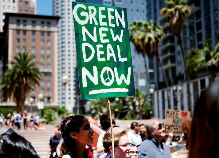 Climate change activists rally in support of the Green New Deal in Los Angeles' Pershing Square on May 24, 2019.