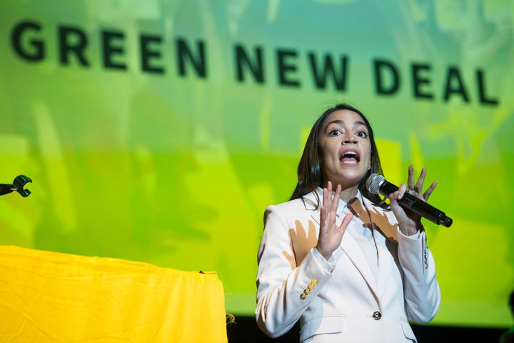Rep. Alexandria Ocasio-Cortez addresses the final event of the Road to the Green New Deal Tour at Howard University in Washington on May 13, 2019.