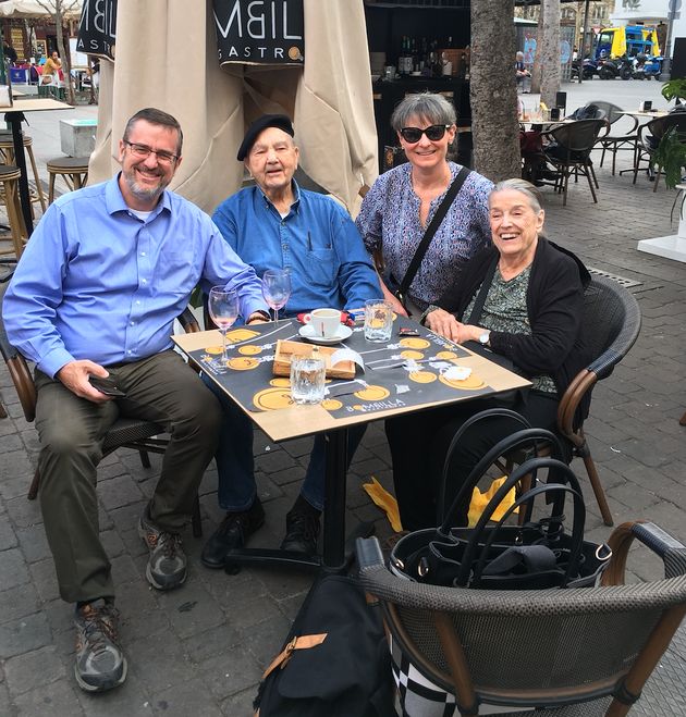 The author enjoying tapas at Plaza de Santa Ana in Madrid, Spain, with his parents and his wife in March.