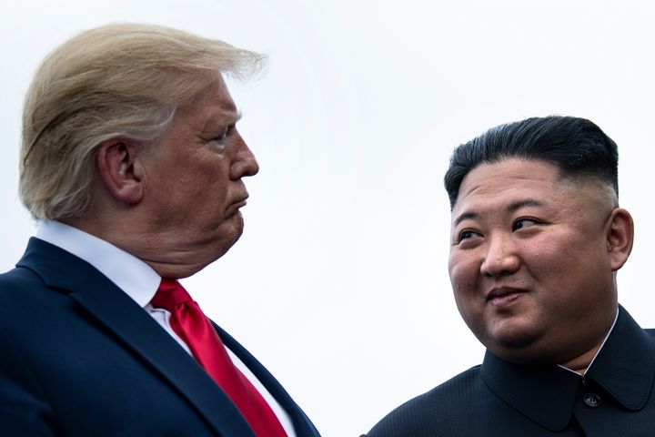 President Donald Trump and North Korea's leader, Kim Jong Un, talk before a meeting in the Demilitarized Zone on June 30, 2019, in Panmunjom.