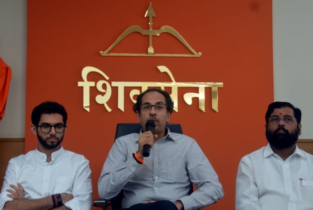 Shiv Sena president and Maharashtra CM Uddhav Thackeray with his son Aaditya and senior minister Eknath...