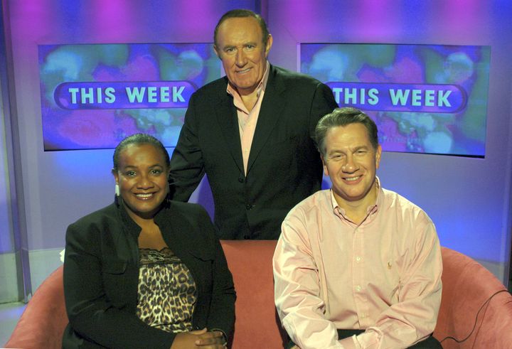 Andrew Neil; Diane Abbott, Labour MP for Hackney North and Stoke Newington, and Michael Portillo on the set of This Week.