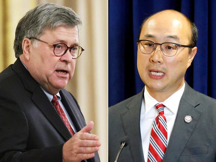 Minnesota prosecutor John Choi, right, told Attorney General William Barr in a letter that he was quitting the Presidential Commission on Law Enforcement and the Administration of Justice because it "had no intention of engaging in a thoughtful and open analysis, but was intent on providing cover for a predetermined agenda that ignores the lessons of the past."