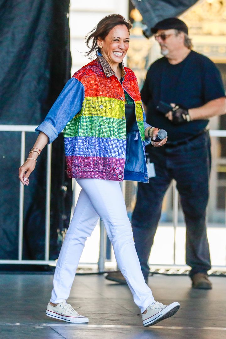 Senator Kamala Harris wears Converse at Civic Center plaza to greet people at the annual Pride Parade in San Francisco, on Sunday, June 30, 2019.
