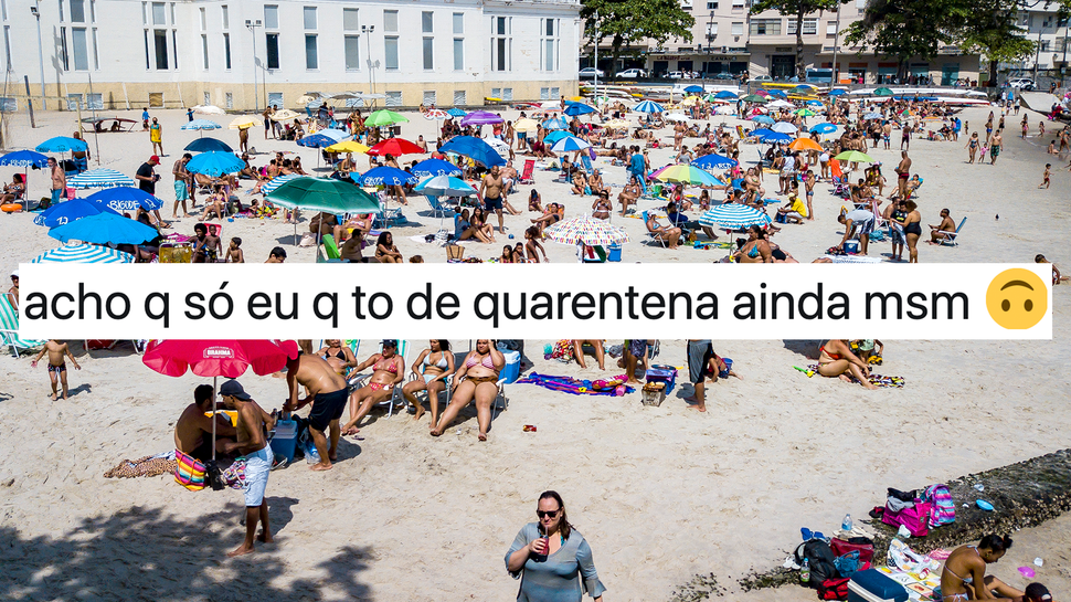 Imagens de praia lotada no feriado com comentário do Twitter sobre a pandemia do novo coronavírus