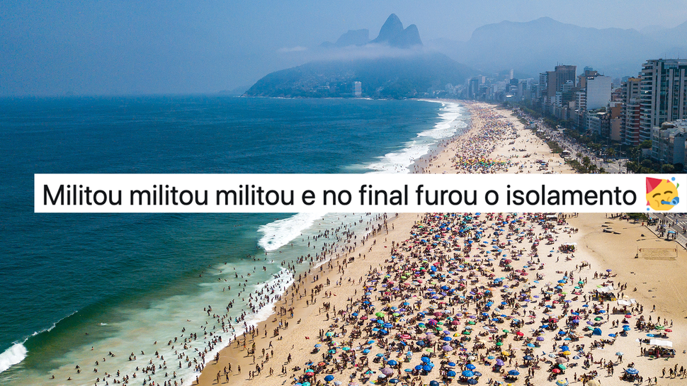 Imagens de praia lotada no feriado com comentário do Twitter sobre a pandemia do novo coronavírus