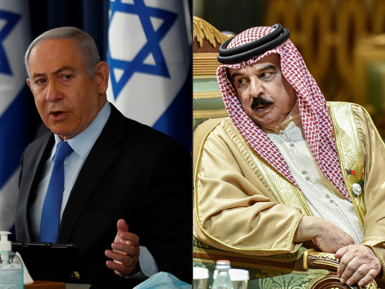 ( Πρωθυπουργός του Ισραήλ, Βενιαμίν Νετανιάχου, και ο Βασιλιάς του Μπαχρέιν, Χάμαντ μπιν Ίσα μπιν Σαλμάν αλ-Χαλίφα, επικοινώνησαν σήμερα και συμφώνησαν ότι το Ισραήλ και το Βασίλειο του Μπαχρέιν θα συνάψουν πλήρεις διπλωματικές σχέσεις.. (Photos by RONEN ZVULUN and Fayez Nureldine / various sources / AFP) (Photo by RONEN ZVULUN,FAYEZ NURELDINE/AFP via Getty Images)