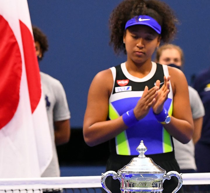 Sep 12, 2020; Flushing Meadows, New York, USA; Victoria Azarenka of Belarus during the runner up award ceremony following her defeat by Naomi Osaka of Japan in the women's singles final match on day 13 of the 2020 U.S. Open tennis tournament at USTA Billie Jean King National Tennis Center. Mandatory Credit: Robert Deutsch-USA TODAY Sports