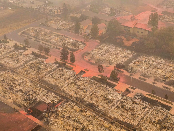 In this aerial view from a drone, homes destroyed by wildfire are seen on Sept. 12 in Talent, Oregon. Hundreds of homes in Talent and nearby towns have been lost due to wildfire.