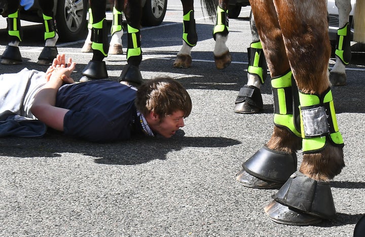 Police detain an anti-lockdown protester at Melbourne's Queen Victoria Market during a rally on September 13, 2020, amid the ongoing COVID-19 coronavirus pandemic. - Melbourne continues to enforce strict lockdown measures to battle a second wave of the coronavirus. (Photo by William WEST / AFP) (Photo by WILLIAM WEST/AFP via Getty Images)