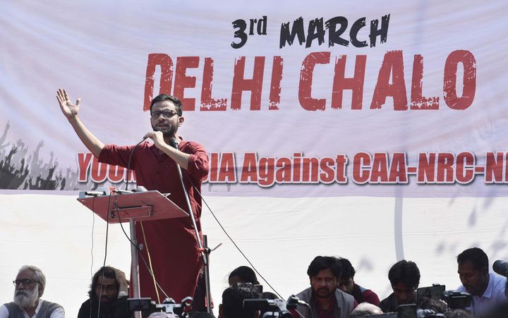 Umar Khalid addresses the audience during the Young India March, a protest march against the Citizenship Amendment Act (CAA) and the Delhi Riots at Jantar Mantar on March 3, 2020. 
