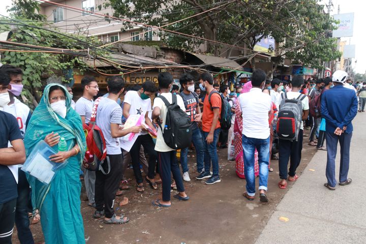 Students at an examination centre to take the NEET exam near Kolkata City on September 13, 2020.
