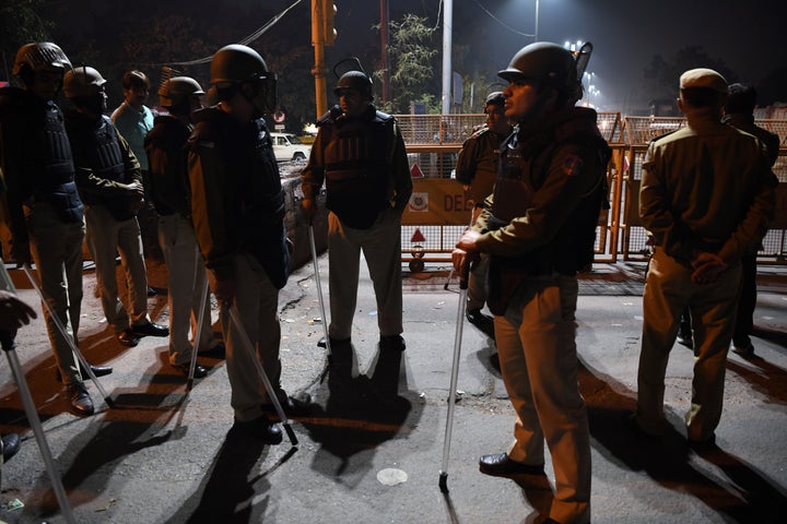 Police patrolling a riot-hit area following violence in New Delhi on February 25, 2020.