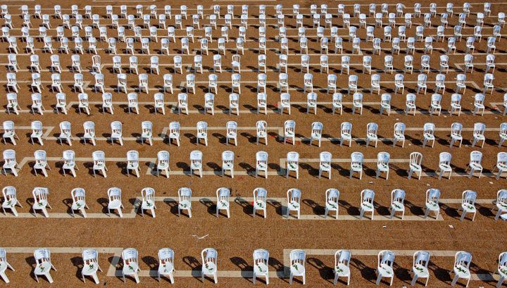 Chairs installed at Tel Aviv's Rabin Square to symbolise the 1,000 coronavirus deaths in Israel, on September 7.