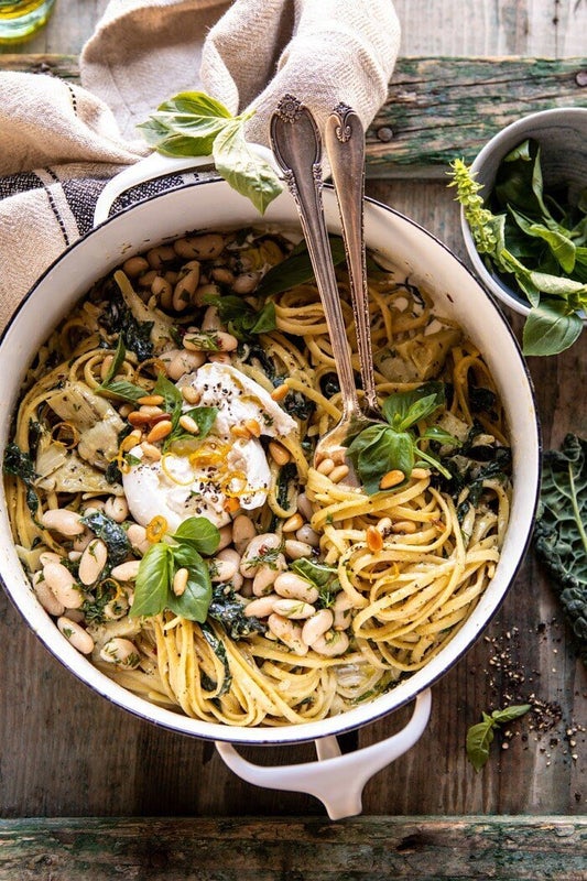 One-Pot Creamy Tuscan Pesto and Artichoke Pasta from Half Baked Harvest