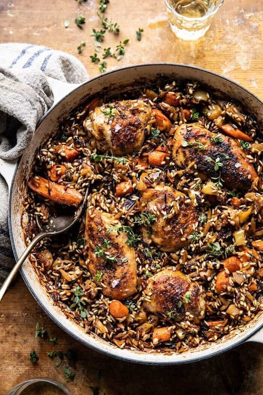 One-Pot Lemon Rosemary Dijon Chicken and Butter-Toasted Rice Pilaf from Half Baked Harvest