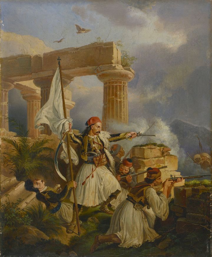 Peter von Hess (1792-1871). Έλληνες μάχονται ανάμεσα σε αρχαία ερείπια, 1829. Ελαιογραφία σε μουσαμά. 33 χ 27 εκ. Συλλογή Θανάση και Μαρίνας Μαρτίνου