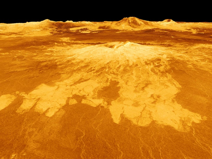 UNSPECIFIED - CIRCA 1754: Computer-generated view of surface of the planet Venus dominated by the volcano Sapas Mons. (Photo by Universal History Archive/Getty Images)