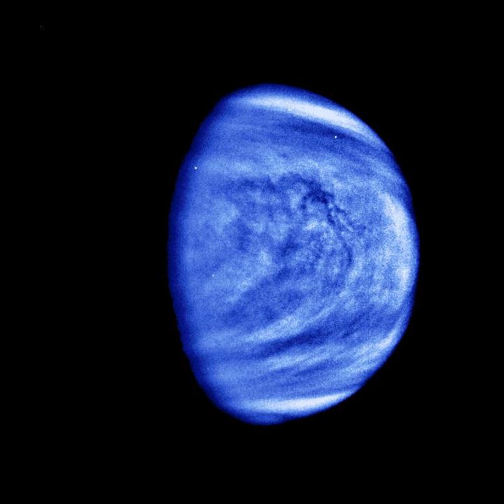 The planet Venus is seen in this photograph taken by the Galileo spacecraft?s Solid State Imaging System on February 14, 1990.