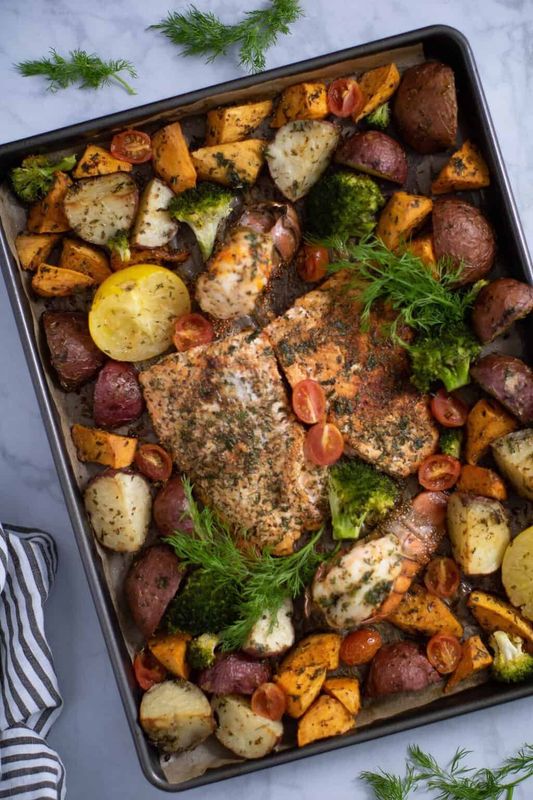 Sheet Pan Garlic Herb Salmon, Lobster and Veggies from Orchids + Sweet Tea