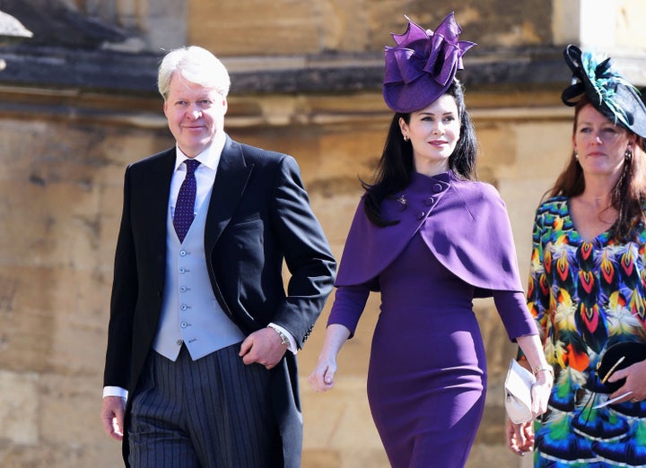 Charles Spencer, 9th Earl Spencer, and his wife Karen Spencer arrive at the wedding of Prince Harry to Meghan Markle on May 19, 2018, in Windsor.