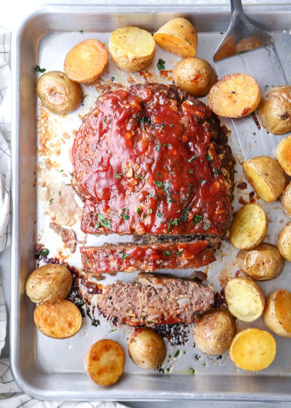 Meatloaf and Potatoes Sheet Pan Dinner from Completely Delicious