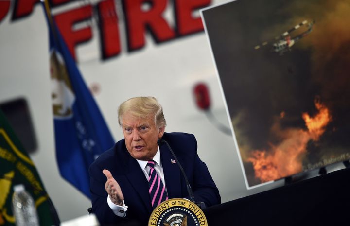 Trump speaks during a briefing on wildfires with local and federal fire and emergency officials in Sacramento, California.
