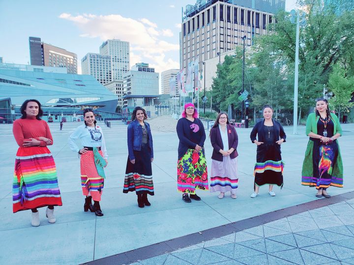 Chevi Rabbit, Charlene Roan-Shirt, Ashleigh Mihko Pîwâyesis, April Eve Medicinespiritdancer, Katherine Swampy, Jacqueline Buffalo, Rhea Fraser, and Marilyn Tobbaccojuice are all lending their support to "Walk A Mile In A Ribbon Skirt." 