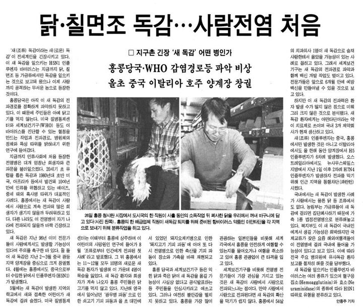 팬데믹은 종간 장벽을 넘어 동물에게서 인간으로 전파된 바이러스가 돌연변이를 일으켜 인간에게서 인간으로 전파 가능해질 때 일어난다. 조류독감을 일으키는 바이러스는 다행히 종간 장벽을 넘는 데서 그쳤지만 언제까지 이런 행운이 지속될지 장담할 수 없다. <한겨레> 1997년 12월29일치 21면 이미지. 안종주 기자가 기사도 쓰고 사진도 찍었다.