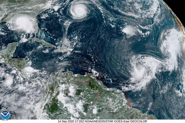 This satellite image shows five tropical cyclones churning in the Atlantic basin on Monday. The storms, from left, are Hurricane Sally over the Gulf of Mexico, Hurricane Paulette over Bermuda, the remnants of Tropical Storm Rene, and Tropical Storms Teddy and Vicky.