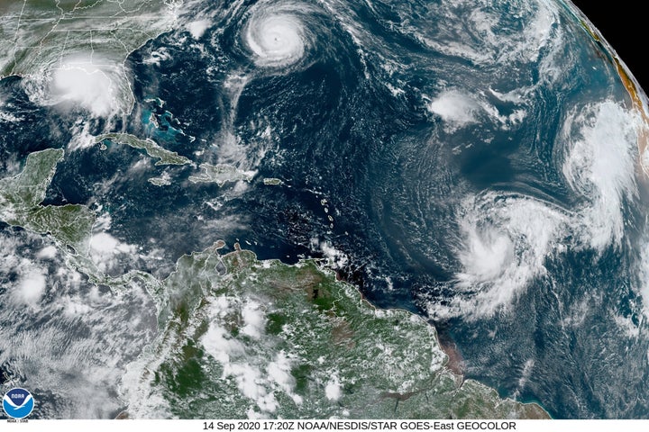 This satellite image shows five tropical cyclones churning in the Atlantic basin on Monday. The storms, from left, are Hurric