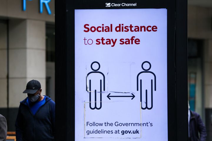 A digital advert in London highlights 'Social distance to stay safe' during the COVID19. The number of people who tested positive for the coronavirus is increasing. (Photo by Dinendra Haria / SOPA Images/Sipa USA)
