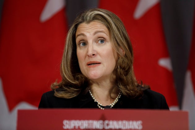 Deputy Prime Minister Chrystia Freeland speaks during a press conference in Toronto on Aug. 31, 2020.