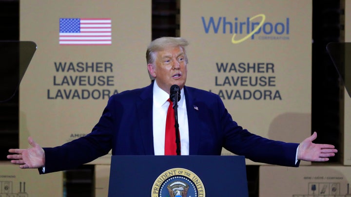 President Donald Trump speaks during an event at the Whirlpool Corporation Manufacturing Plant in Clyde, Ohio, on Aug. 6, 2020.