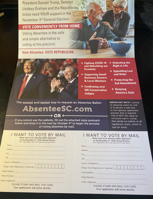 The mailer includes handy postcards that state "I Want To Vote By Mail."