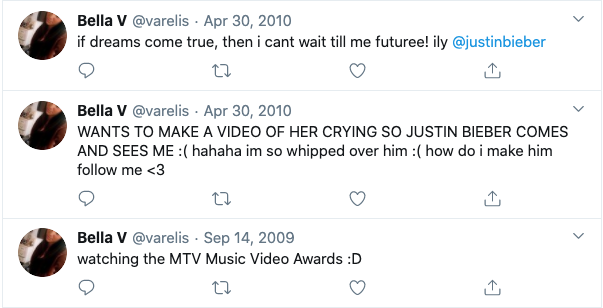 Same, Bella. Same. 'The Bachelor Australia' contestant Bella Varelis loved Justin Bieber on Twitter during her high school days.