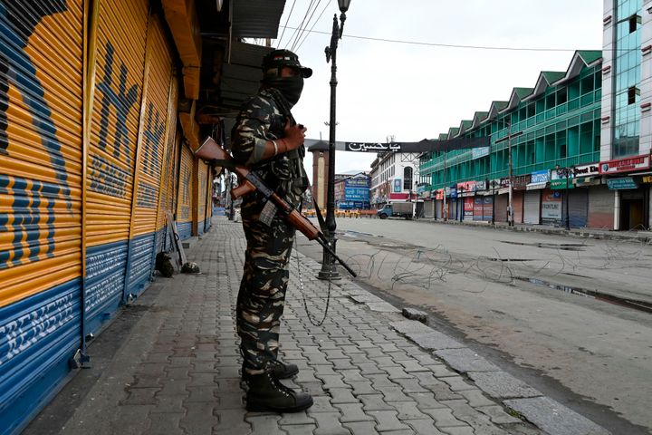 A security personnel in Srinagar on August 28, 2020.
