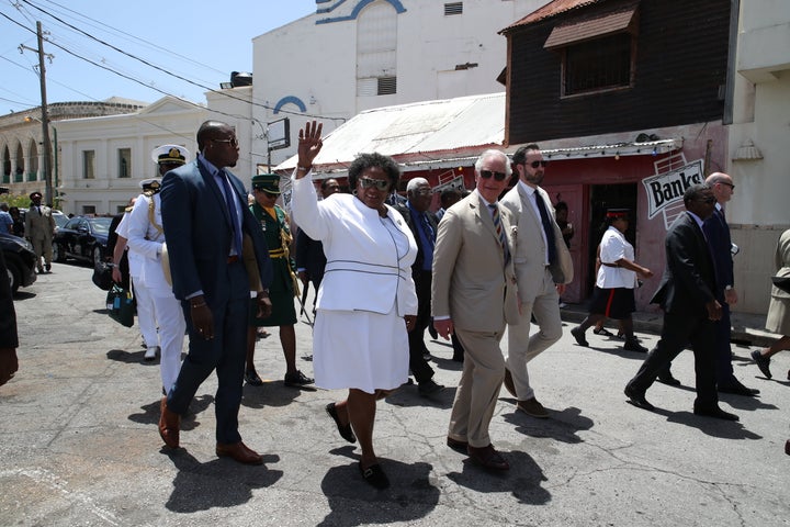 Prince Charles during a walkabout with the Prime Minister of Barbados, Ms Mia Mottley in Bridgetown, Barbados on March 19, 2019. 