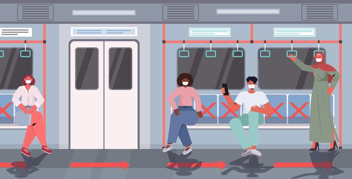 mix race subway passengers in protective masks keeping distance to prevent coronavirus in public transport social distancing concept horizontal full length vector illustration