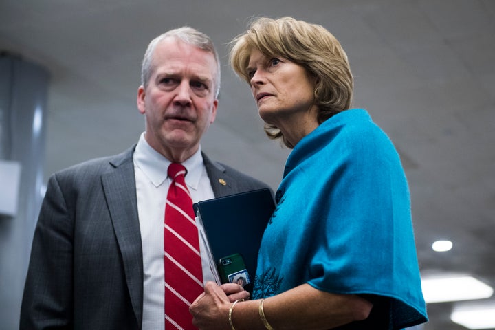 Sens. Dan Sullivan and Lisa Murkowski, Alaska Republicans, consult on Capitol Hill. Murkowski has a more moderate record, including a key vote against repealing Obamacare.