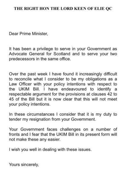 Lord Keen resignation letter