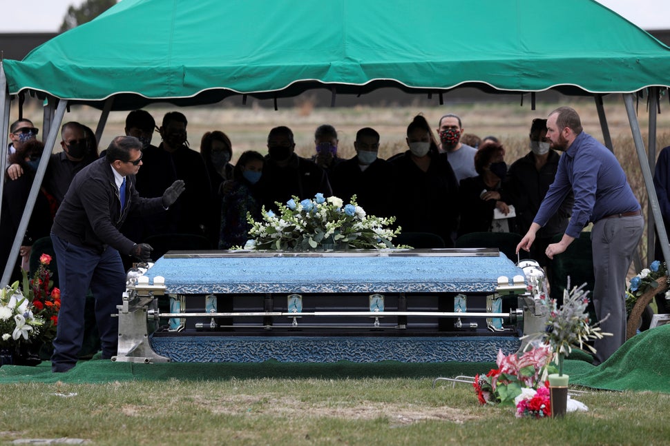 Mourners attend the funeral for Saul Sanchez, a worker at the JBS meatpacking plant in Greeley, Colorado, who died of COVID-1