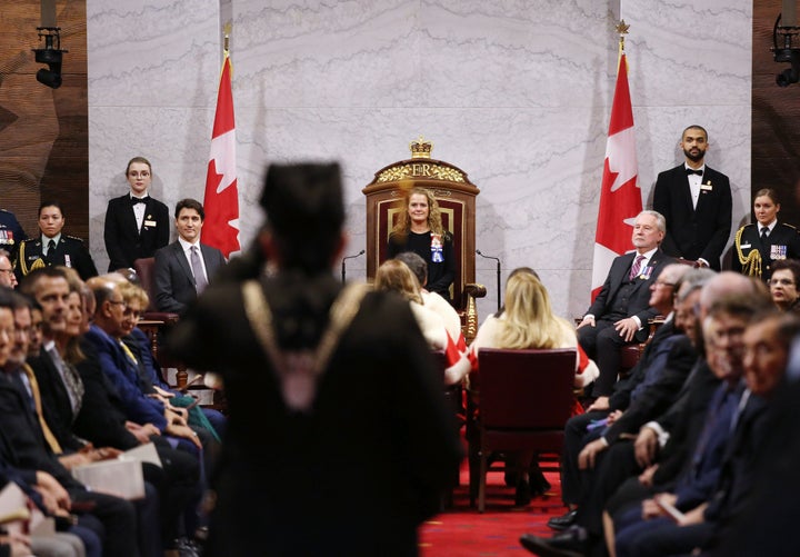 Governor General Julie Payette and Prime Minister Justin Trudeau (L) wait for the start of the throne speech in the Senate of Canada on Dec. 5, 2019 in Ottawa.